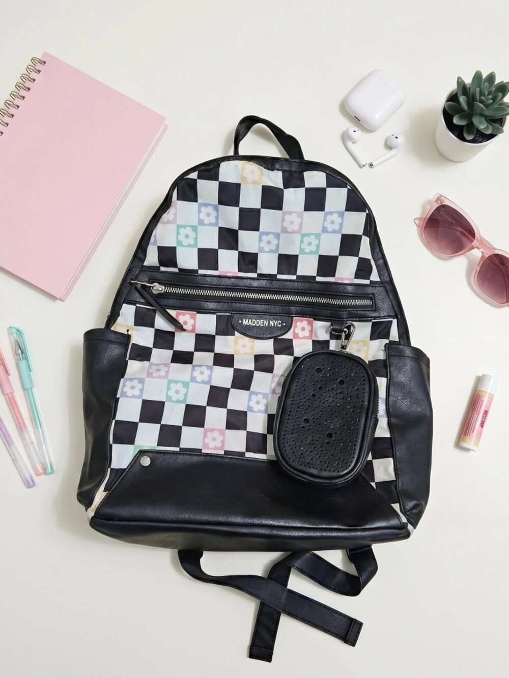 Madden NYC Dome Backpack Checkerboard Floral Print Y2K Statement Archival Retro